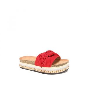 La Modeuse-Tongs mules-Mules à large bride en suédine avec noeud et pompon. Semelle plateforme avec corde tressée à motifs