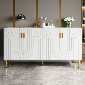 Buffet Salle a Manger Blanc avec 4 Portes Buffet Bas de Cuisine Design Unique en VaguesPoignées et Pieds Dorés 152 x 40 x 75 cm