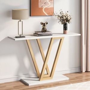 Console Meuble Console d’entrée de Couloir Tables dentrée de 110×30×80 cm Table de canapé étroite pour Salon Blanc + Or