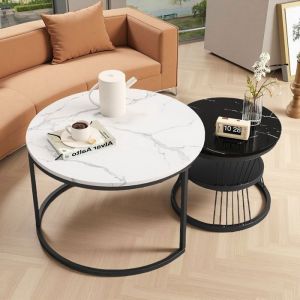 Table Basse Ronde 2 pi&egrave;ces End table Industrielle &agrave; 2 Niveaux avec Pieds en M&eacute;tal Pour Salon Maison Blanc + Noir