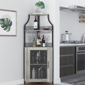 Meuble Bar Dangle Avec Casier &Agrave; Vin Amovible Armoire &Agrave; Vin Industrielle Avec Porte-Verres Et Porte Grillag&eacute;e 47x13x155cm - Gris