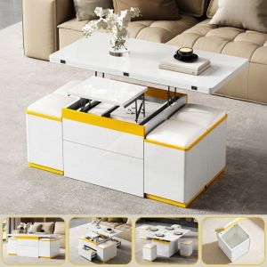 Table Basse Relevable Extensible avec 4 Pouf Table Basse Blanc Laque Brillant Moderne Design avec Tiroir Compartiment 100x50x43 cm