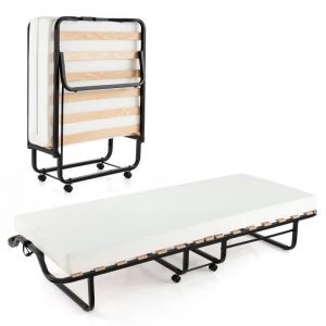 COSTWAY Lit d’Appoint à Roulettes 80x199 CM avec Matelas en Mousse Épaisseur 10CM Lit Pliant 1 Personne avec 15 Lattes de Bois