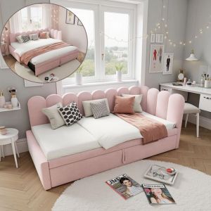 Lit Banquette Gigogne - Novélys - 90 à 180x200cm - Convertible en Lit Double - Canapé-lit en Velours Rose