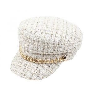 Femmes Plaid-Tweed Gavroche Chapeau Capitaine-Marin Pêcheur Chapeau Pointu Béret Cap avec La Chaîne blanc fenteer