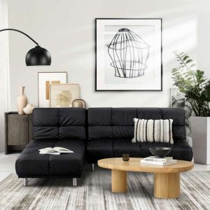 Angle Canapé-lit clic-clac + meridienne réversible gauche / droite pour couchage d’appoint en PU noir - MELLOW