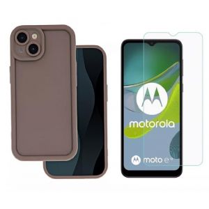 Coque pour Motorola Moto E14 / G04 / G24 + Verre trempé - Housse Etui Marron Silicone Protection Vitre Ecran Verre Trempé