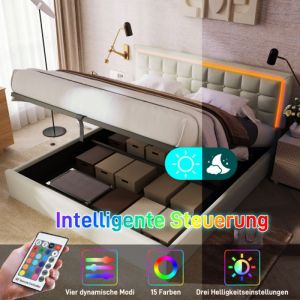 Lit Coffre Pour Adulte 160x200 Cm avec Led en Similicuir Blanc Grand Espace De Rangement Sommier &agrave; Lattes en Bois Massif Moderne