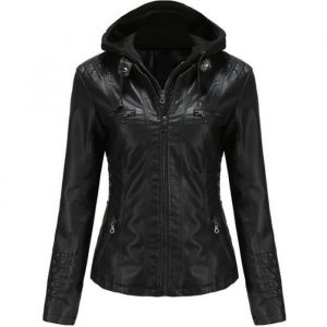 Blouson Femme Simili Cuir à Capuche Amovible Printemps et Automne Veste Zippee Couleur Unie