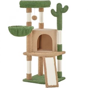 Yaheetech Arbre à Chat Design Cactus en Peluche avec Poteaux en Sisal Plateformes Niche Panier Perchoir Marron et Vert