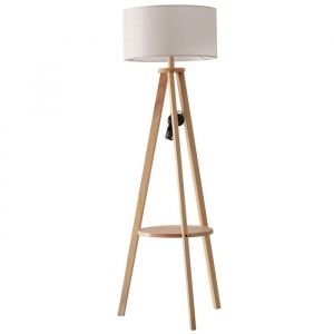 Lampadaire trépied design scandinave dim. 50L x 50l x 154 cm 40 W max. étagère intégrée bois massif pin abat-jour toile lin beige