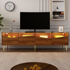 Meuble TV moderne 80x40x50 cm bois verre LED m&eacute;tal dor&eacute; rangements meuble bas salon design