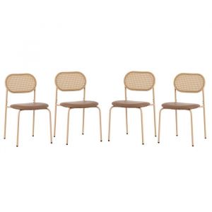Lot de 6 chaises salle &agrave; manger - dossier rotin naturel assise simili cuir marron pieds m&eacute;tal