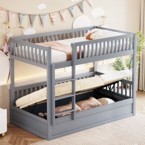 Lit superpos&eacute; enfant 2 places 90x200 cm Lit coffre Lit simple en bois avec rangement hydraulique et sommier &agrave; lattes - gris