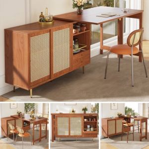 Table de bar pivotante 360°L107-187*W40*H76 brunearmoire de rangement avec rotin + étagère ouverte pour cuisine et salle à manger