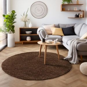 Tapis Salon Shaggy - Marion - Marron - 120 cm Rond &Oslash; - 100% Polypropyl&egrave;ne - SIMPEX
