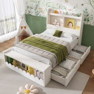 Lit simple 90x190 cm Lit enfant avec tiroirs étagères et banc Lit coffre avec rangement Lit bois avec sommier à lattes，blanc
