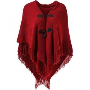 XJYDNCG - Magnifique Cape Poncho Ouvert pour Femme avec Boutons en Corne &Eacute;l&eacute;gant Encolure en V et Ourlet en V(Rouge)