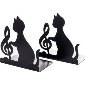 Serre-livres en m&eacute;tal - Lot de 2 - Serre-livres robustes en m&eacute;tal noir - Motif chat et note de musique - Antid&eacute;rapants durables et