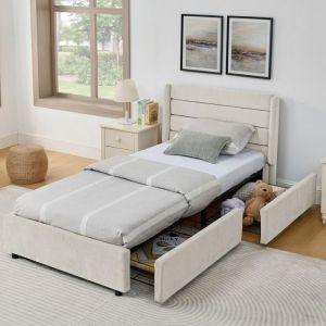 Lit coffre - Becag - Lit enfant rembourr&eacute; 90x200cm avec 2 tiroirs - Lit simple capitonn&eacute; avec sommier &agrave; lattes - Chenille Beige