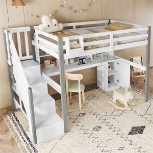 Lit Mezzanine 90x200cm avec Bureau Lit Mezzanine 1 Place avec RangementLit Haut pour Enfant AdolescentsArmoirePinBlanc et Gris