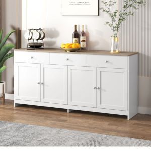 Buffet 4 portes 3 tiroirs - Buffet bahut moderne - Blanc - 160x37x75 cm - Rangement - Armoire de Cuisine - Buffet de salon en bois