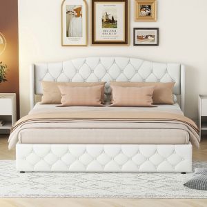 Lit coffre Lit 180x200 cm Lit capitonn&eacute; hydraulique  multifonctionnel lit double Blanc