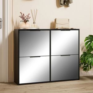 GOOBUY Armoire à Chaussures Inclinable 100cm Étagère à Chaussures avec 4 Compartiments Surface Miroir Étagère Réglable Noir