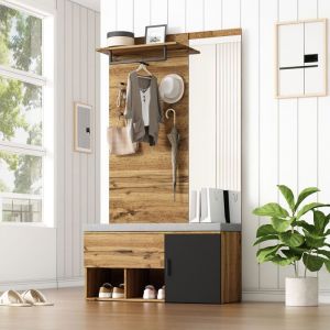 Ensemble vestiaire de 190 cm de haut en imitation bois avec miroir banc &agrave; chaussures (104 x 39 cm) avec coussin armoire &agrave; chauss