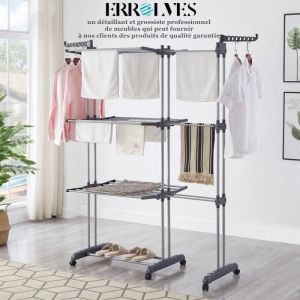 ERROLVES ETENDOIR A LINGE GRIS En Acier INOX - 3 NIVEAUX EXTENSIBLE - 75-142 x 64 x 170 cm