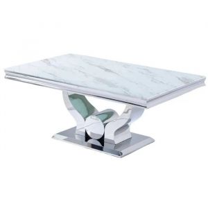 Table basse Trofy Chrome et plateau en verre 120x70 cm effet marbr&eacute; blanc