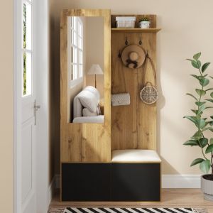 Ensemble vestiaire dentrée 100x38x191 cm - Avec porte-manteau et meuble à chaussures - Patères et 1 miroir - Naturel+noir