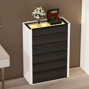 Chiffonnier de Chambre avec Lumières LED et Dessus en Verre Commode avec 6 Tiroirs en Bois 85 x 40 x 130cm Brun Foncé et Blanc