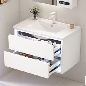 Meuble sous vasque salle de bain LED-Meuble lavabo suspendu en c&eacute;ramique main wc et bassin int&eacute;gr&eacute; -76x46x48.5 cm -Blanc