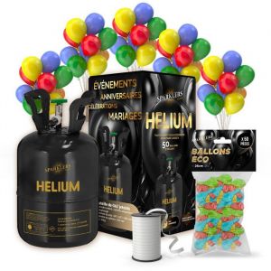 Hélium Grande Bouteille Gaz d'Hélium pour 50 Ballons + Lot 50 Ballons Biodégradables Multicolore + Ruban