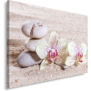 Toile Orchidée Galets Zen 40x30cm Tableaux Mural Image Artistique Chambre Salon Cuisine Blanc Beige Rose avec cadre