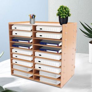 Organisateur de Bureau en Bois - 18 Slots Couleur Bois - Classeur de Documents - Rack de Stockage de Fichiers BOITE DE CLASSEMENT