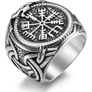 Bague Viking Rune en Acier Inoxydable Chevali&egrave;re Symbole Boussole Nordique pour Homme Argent 13 264