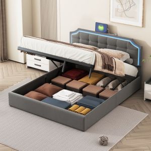 Lit 140x190 cm avec LED et USB - Lit Coffre Double avec Hydraulique Rangement - Lit 2 Personnes - Sommier à lattes - Velours Gris