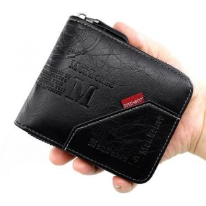 Portefeuille Homme ZipTri-pli Portefeuille Pliant en PU Cuir 6 Cartes-Noir