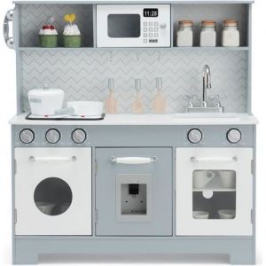 COSTWAY Cuisine Enfant en Bois 3 Ans+ 6 Accessoires Effets Sonore et Lumière Téléphone Inclus Gris