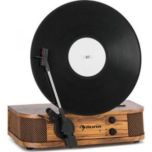 auna Verticalo SE Platine vinyle design rétro avec port USB & Bluetooth - 3 vitesses de lecture - Centreur magnétique - Bois marron