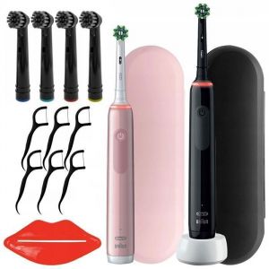 Brosse à dents électrique - Oral-B - Pro 3 3900 - Rechargeable duo pack noir et rose - 6 embouts - voyage