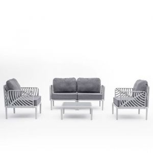 Salon de jardin - KENZIA - Canap&eacute; 2 fauteuils table basse - R&eacute;sine avec fibre de verre - 4 personnes - Gris