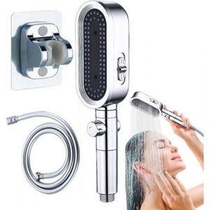 Pommeau de douche filtr&eacute; haute pression multi-jets avec flexible/support de rechange ovale argent