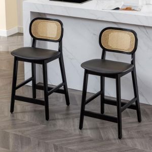 Wahson Tabouret de Bar Lot de 2 Tabouret Chaise de Bar en Bois et Cannage avec Coussin Imperméable pour Cuisine Cuir PU Noir