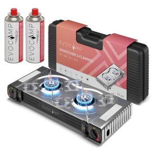 EVOCAMP r&eacute;chaud &agrave; gaz 2 feux avec allumage pi&eacute;zo&eacute;lectrique &ndash; pour cartouches de gaz MSF-1A 227 g avec 2 cartouches de gaz