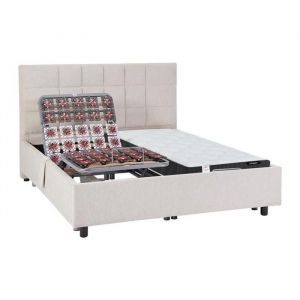 Lit électrique de relaxation déco tout plots + matelas ressorts ensachés et mémoire de forme - 2 x 70 x 190 cm - Tissu - Beige -
