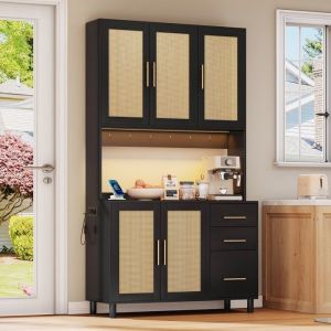 Buffet haut bois 100x40x183cm Meuble de rangement avec lumière LED 3 tiroirs 5 portes ports USB pour cuisine salon - noir