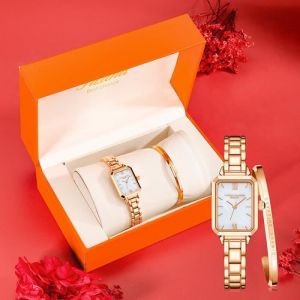 SHARPHY Coffret montre femme + bracelet - or rose cadran rectangulaire élégant haute qualité luxe cadeau